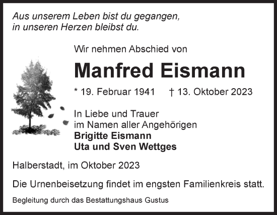 Traueranzeige von Manfred Eismann von Volksstimme Halberstadt