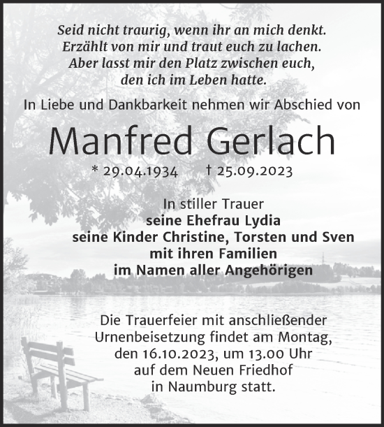 Traueranzeige von Manfred Gerlach von Wochenspiegel Naumburg/Nebra