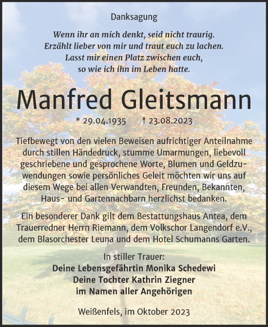 Traueranzeige von Manfred Gleitsmann von Trauerkombi Weißenfels