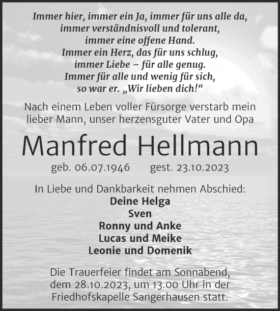 Traueranzeige von Manfred Hellmann von Mitteldeutsche Zeitung Sangerhausen