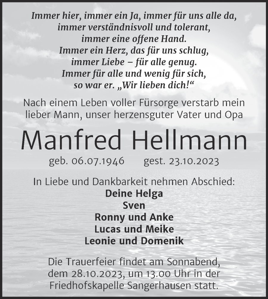  Traueranzeige für Manfred Hellmann vom 25.10.2023 aus Mitteldeutsche Zeitung Sangerhausen