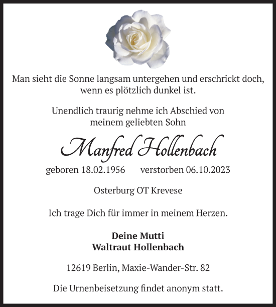 Traueranzeige von Manfred Hollenbach von Volksstimme Altmark Ost