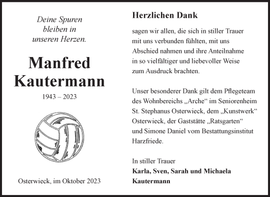 Traueranzeige von Manfred Kautermann von Volksstimme Halberstadt