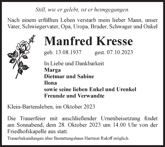 Traueranzeige von Manfred Kresse von Volksstimme Haldensleben/Wolmirstedt