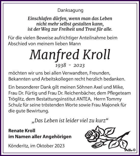 Traueranzeige von Manfred Kroll von Trauerkombi Zeitz