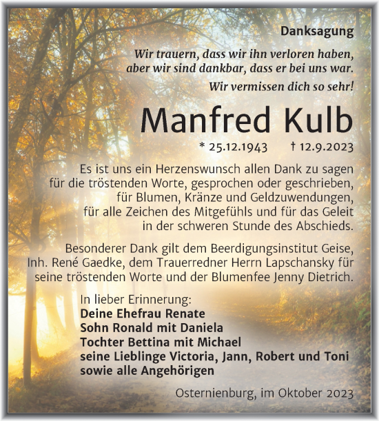 Traueranzeige von Manfred Kulb von Trauerkombi Köthen