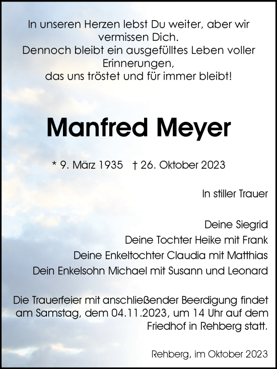 Traueranzeige von Manfred Meyer von Volksstimme Altmark Ost