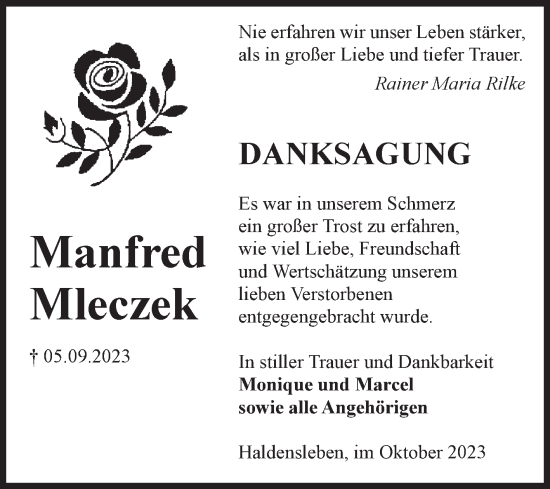 Traueranzeige von Manfred Mleczek von Volksstimme Haldensleben/Wolmirstedt