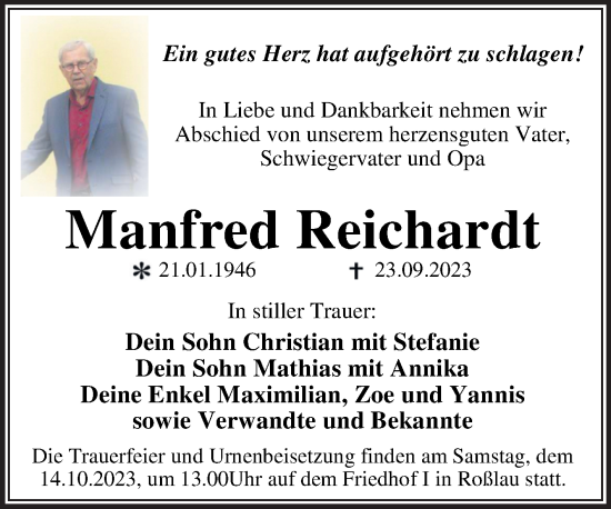Traueranzeige von Manfred Reichardt von Trauerkombi Dessau