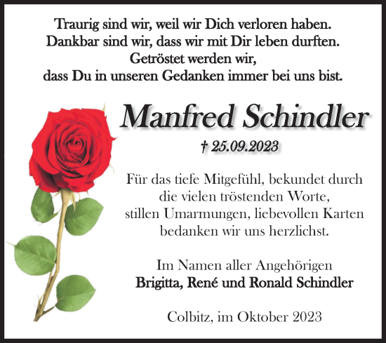 Traueranzeige von Manfred Schindler von Volksstimme Magdeburg