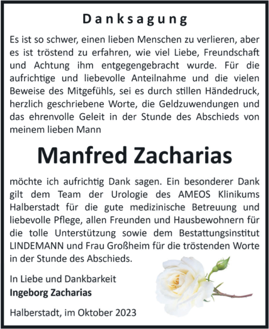 Traueranzeige von Manfred Zacharias von Volksstimme Halberstadt