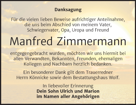 Traueranzeige von Manfred Zimmermann von Trauerkombi Weißenfels