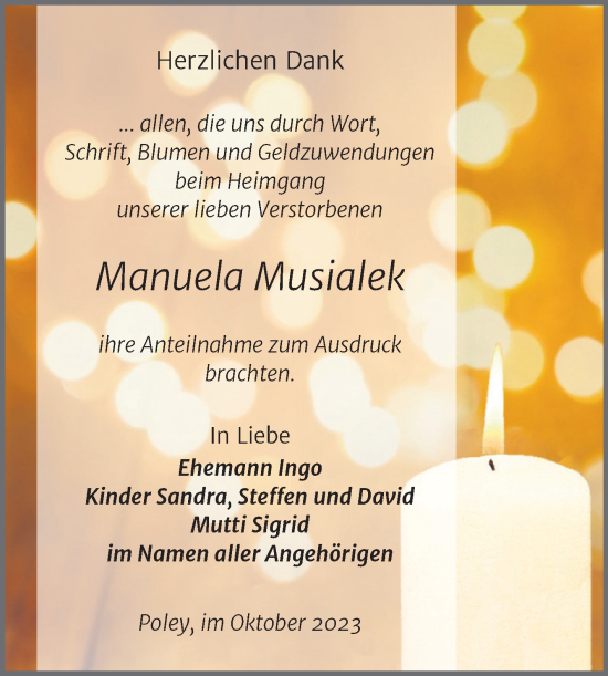 Traueranzeige von Manuela Musialek von Trauerkombi Bernburg