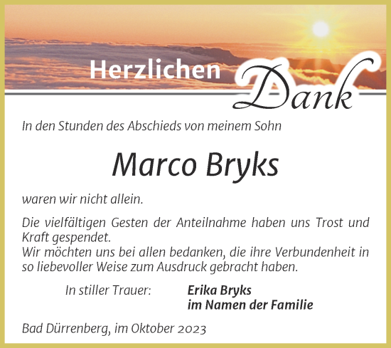 Traueranzeige von Marco Bryks von Trauerkombi Merseburg