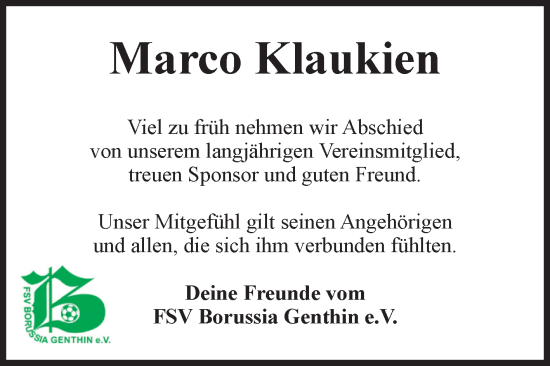 Traueranzeige von Marco Klaukien von Volksstimme Burg/Genthin