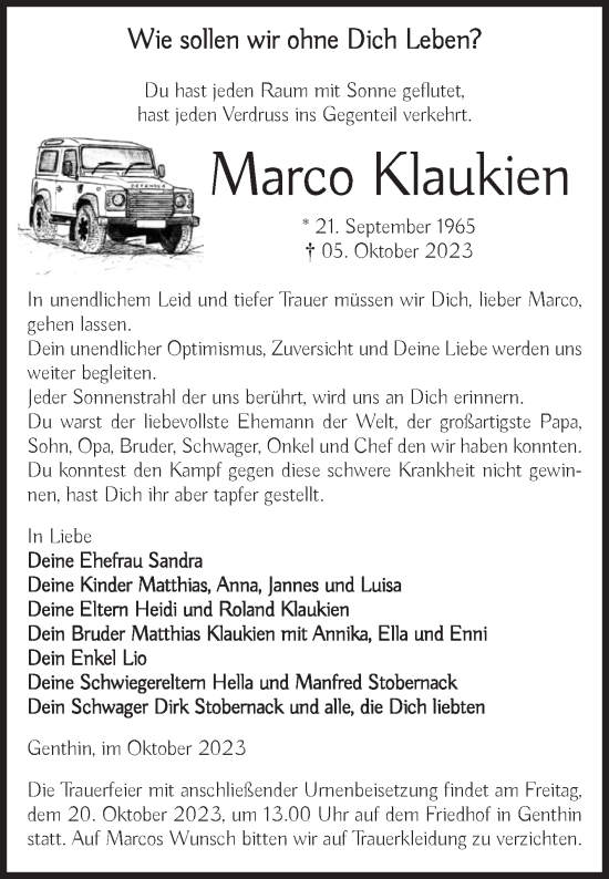 Traueranzeige von Marco Klaukien von Volksstimme Burg/Genthin