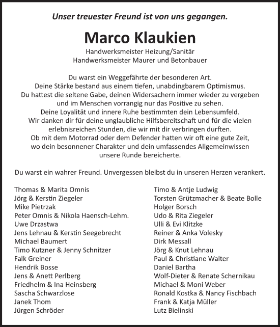 Traueranzeige von Marco Klaukien von Volksstimme Burg/Genthin