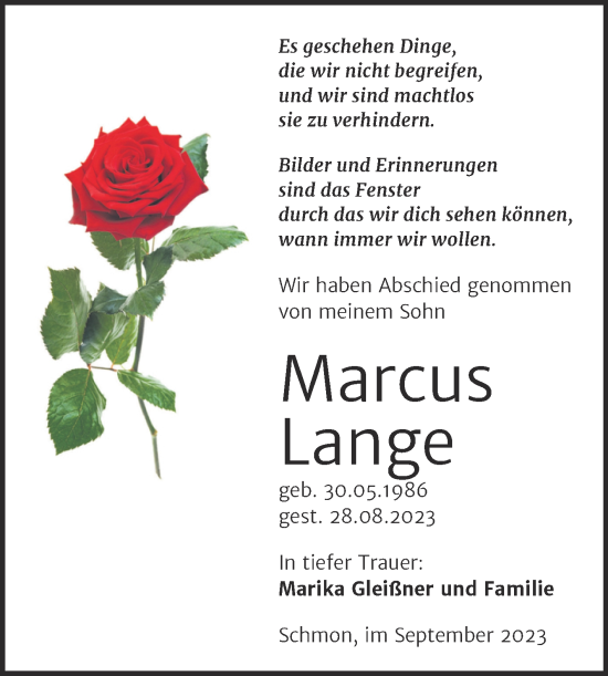 Traueranzeige von Marcus Lange von Mitteldeutsche Zeitung Halle/Saalkreis