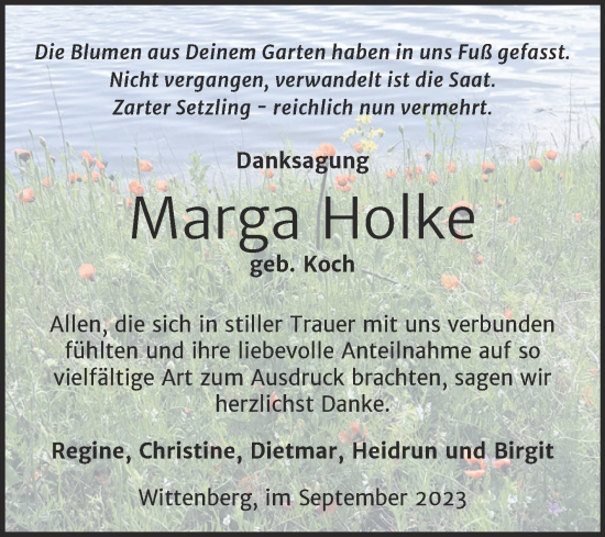 Traueranzeige von Marga Holke von Trauerkombi Wittenberg
