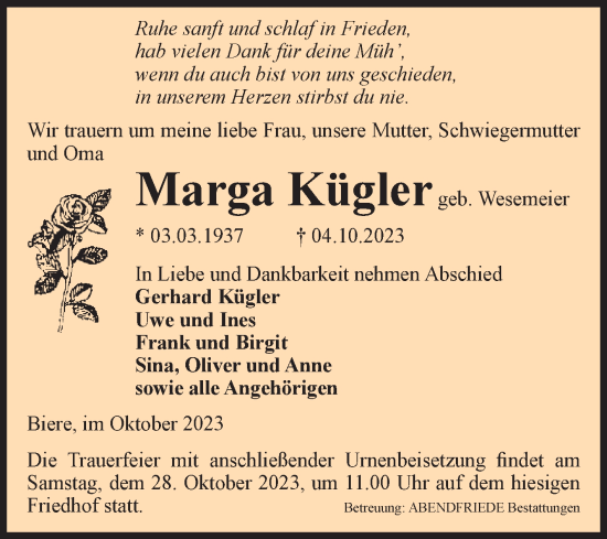 Traueranzeige von Marga Kügler von Volksstimme Schönebeck