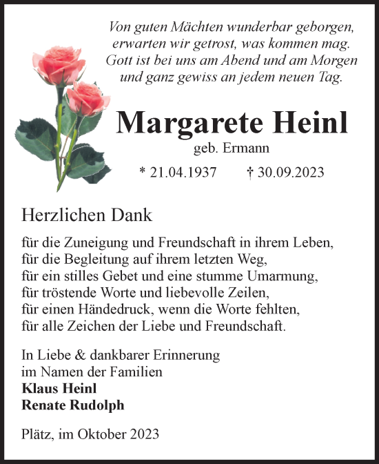 Traueranzeige von Margarete Heinl von Volksstimme Altmark Ost