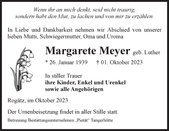 Traueranzeige von Margarete Meyer von Volksstimme Haldensleben/Wolmirstedt