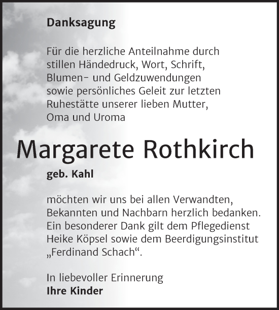 Traueranzeige von Margarete Rothkirch von Trauerkombi Wittenberg