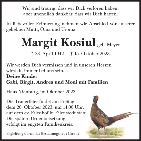 Traueranzeige von Margit Kosiul von Volksstimme Halberstadt