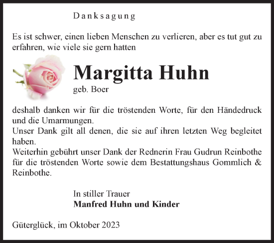 Traueranzeige von Margitta Huhn von Volksstimme Zerbst