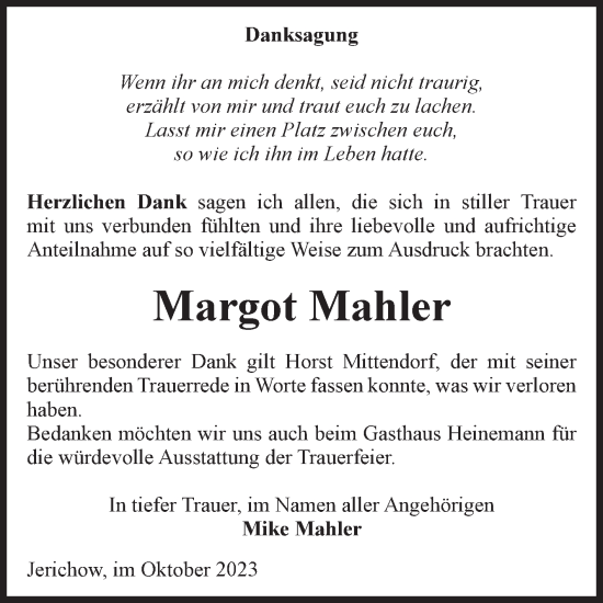 Traueranzeige von Margot Mahler von Volksstimme Burg/Genthin