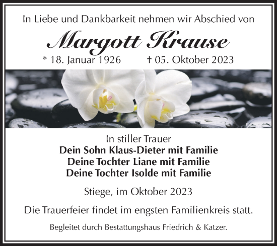 Traueranzeige von Margott Krause von Volksstimme Wernigerode