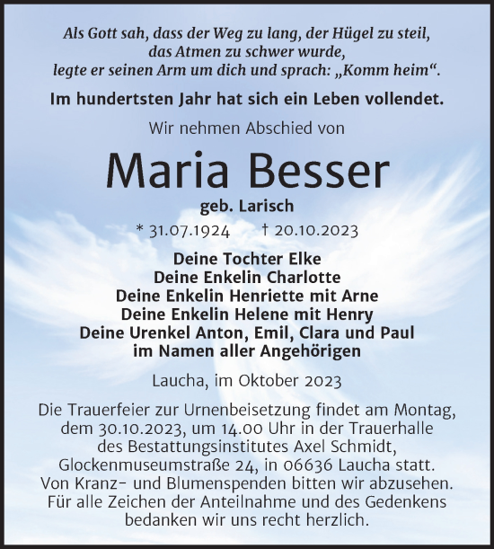 Traueranzeige von Maria Besser von Naumburger Tageblatt