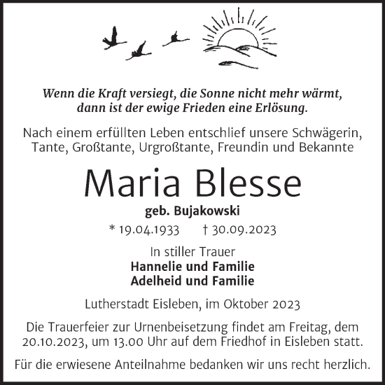 Traueranzeige von Maria Blesse von Trauerkombi Mansfelder Land