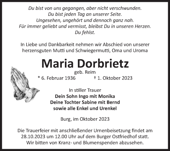 Traueranzeige von Maria Dorbrietz von Volksstimme Burg/Genthin