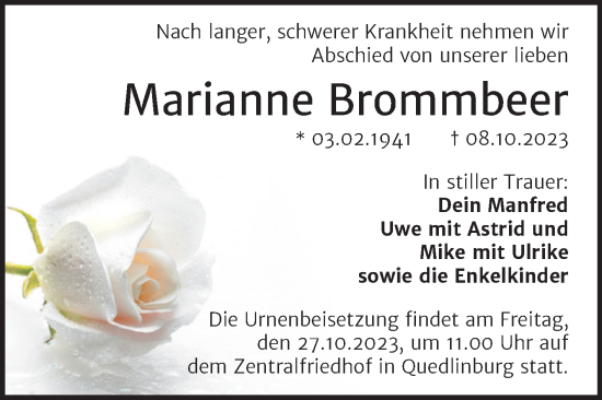 Traueranzeige von Marianne Brommbeer von Trauerkombi Quedlinburg