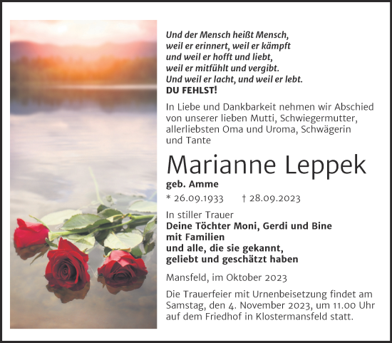Traueranzeige von Marianne Leppek von Trauerkombi Mansfelder Land