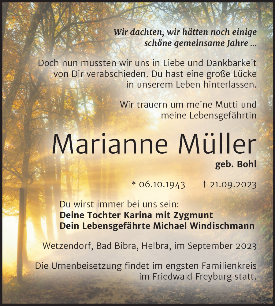 Traueranzeige für Marianne Müller vom 18.10.2023 aus Wochenspiegel Naumburg/Nebra