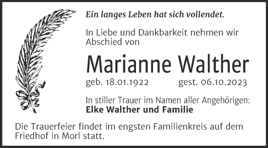 Traueranzeige von Marianne Walther von Mitteldeutsche Zeitung Halle/Saalkreis