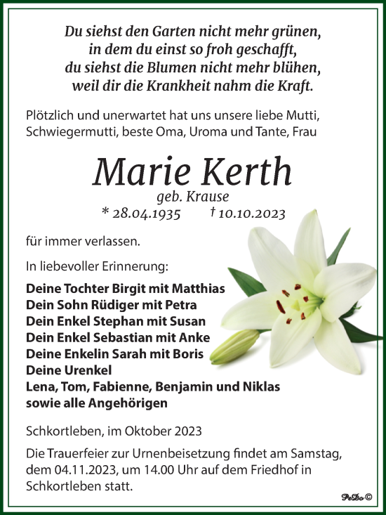 Traueranzeige von Marie Kerth von Trauerkombi Weißenfels