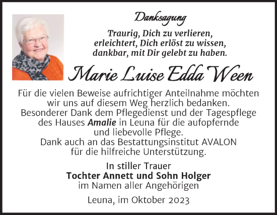 Traueranzeige von Marie Luise Edda Ween von Trauerkombi Merseburg