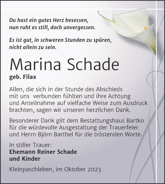 Traueranzeige von Marina Schade von Trauerkombi Köthen