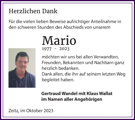 Traueranzeige von Mario  von Trauerkombi Zeitz