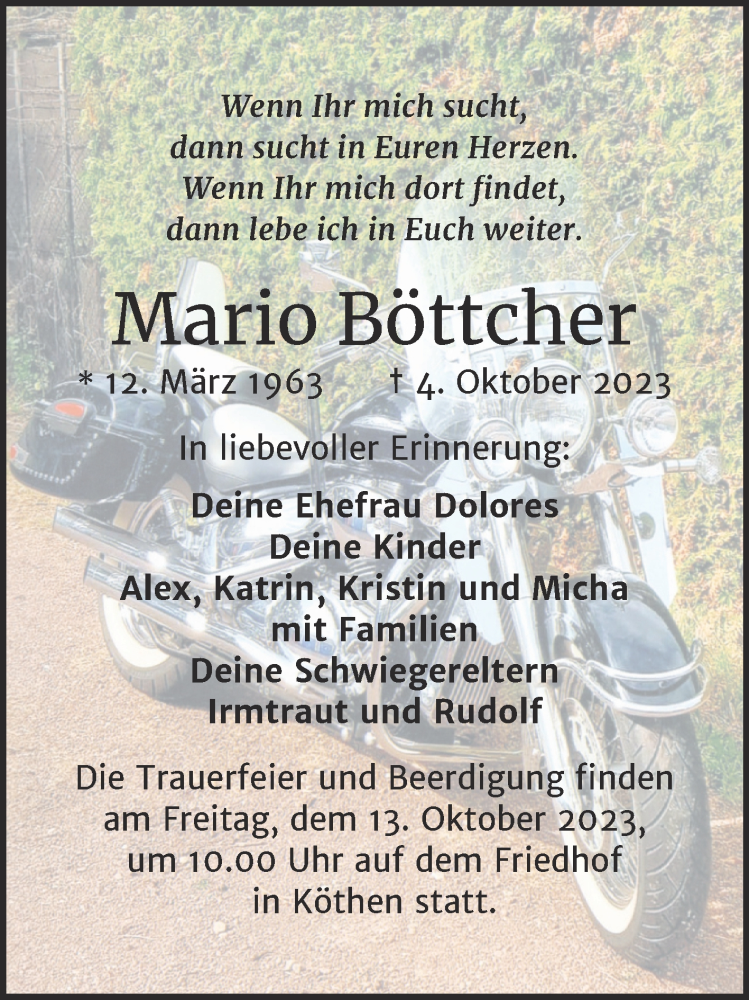  Traueranzeige für Mario Böttcher vom 11.10.2023 aus Trauerkombi Köthen