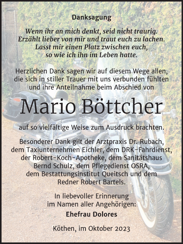  Traueranzeige für Mario Böttcher vom 21.10.2023 aus Trauerkombi Köthen