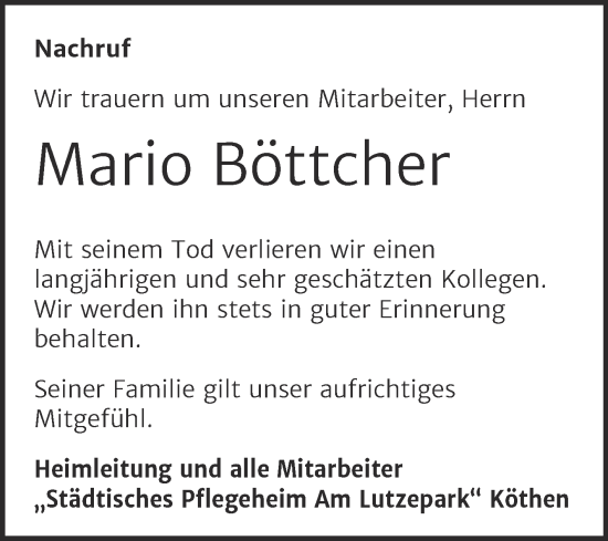 Traueranzeige von Mario Böttcher von Mitteldeutsche Zeitung Köthen