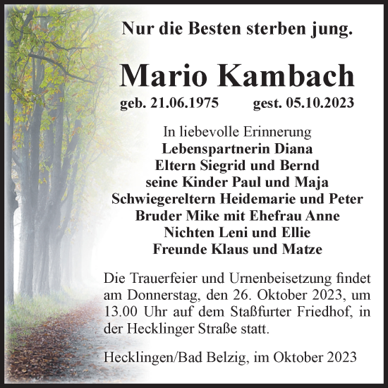 Traueranzeige von Mario Kambach von Volksstimme Staßfurt