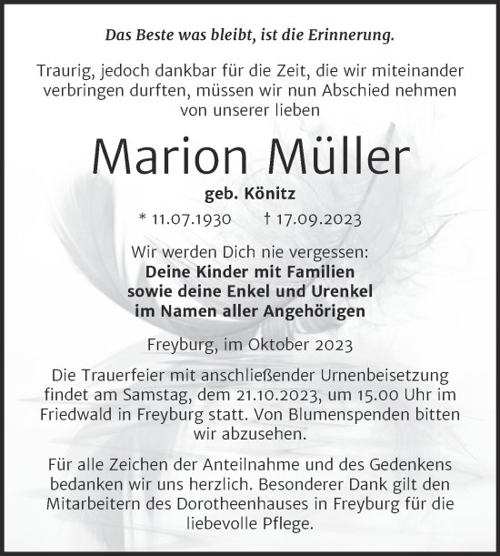 Traueranzeige von Marion Müller von Wochenspiegel Naumburg/Nebra