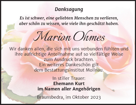 Traueranzeige von Marion Ohmes von Trauerkombi Merseburg