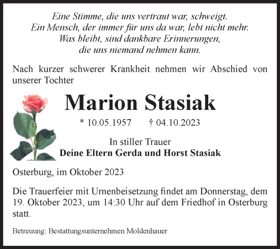 Traueranzeige von Marion Stasiak von Volksstimme Altmark Ost