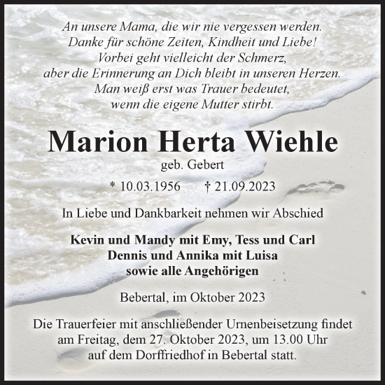 Traueranzeige von Marion Herta Wiehle von Volksstimme Haldensleben/Wolmirstedt